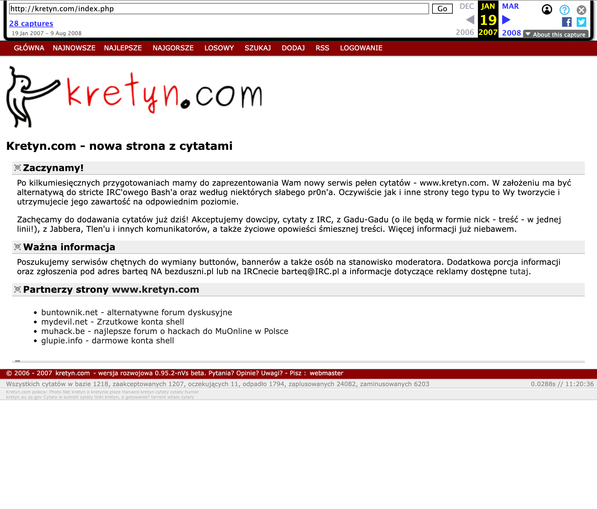 Archiwalny zrzut ekranu serwisu kretyn.com ze stycznia 2007 roku